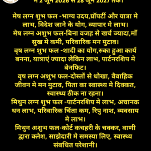 गुरु देवता राशि परिवर्तन फ़लादेश कर्क राशि मे 2 जून 2026 से 28 जून 2027 तक।