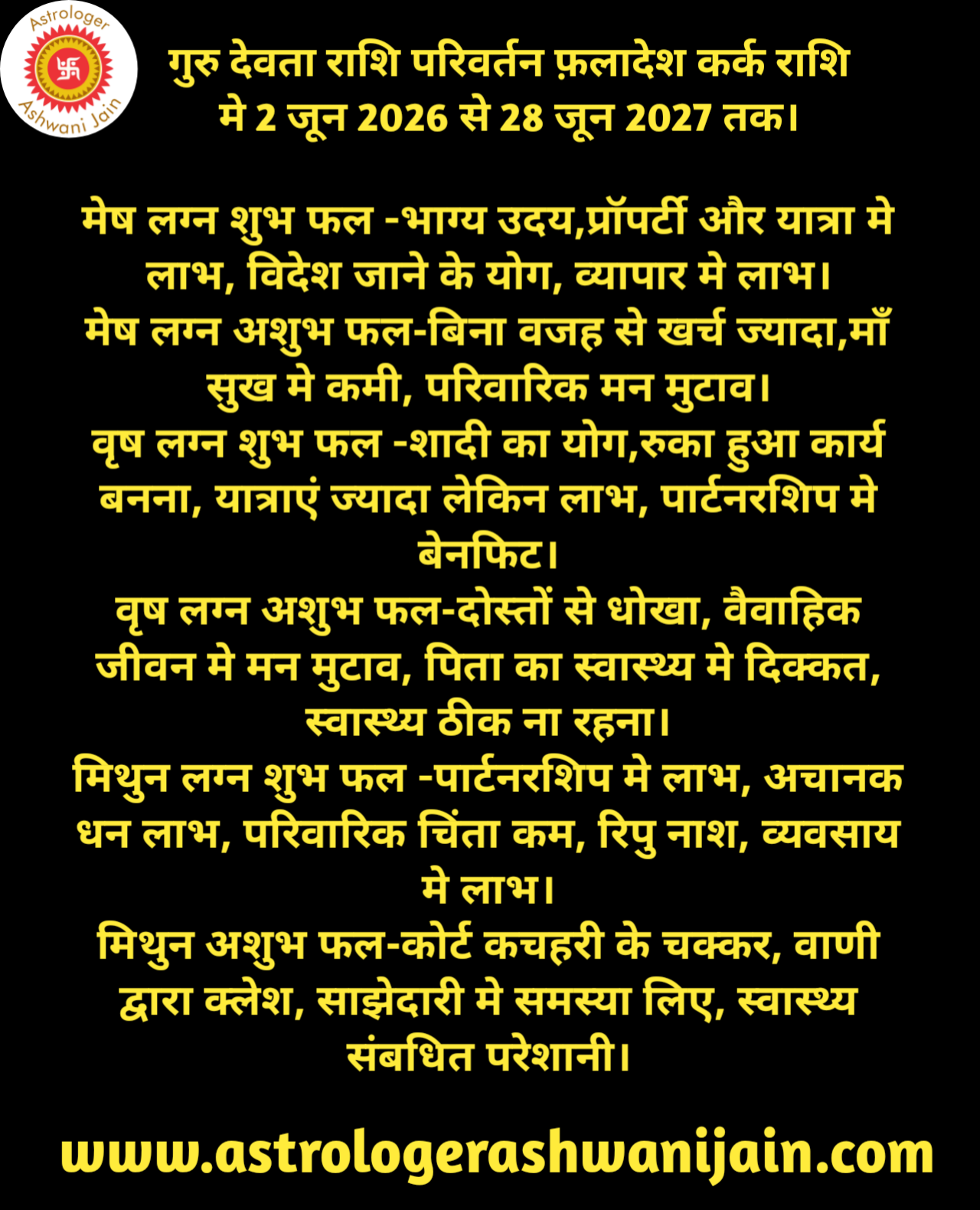 गुरु देवता राशि परिवर्तन फ़लादेश कर्क राशि मे 2 जून 2026 से 28 जून 2027 तक।